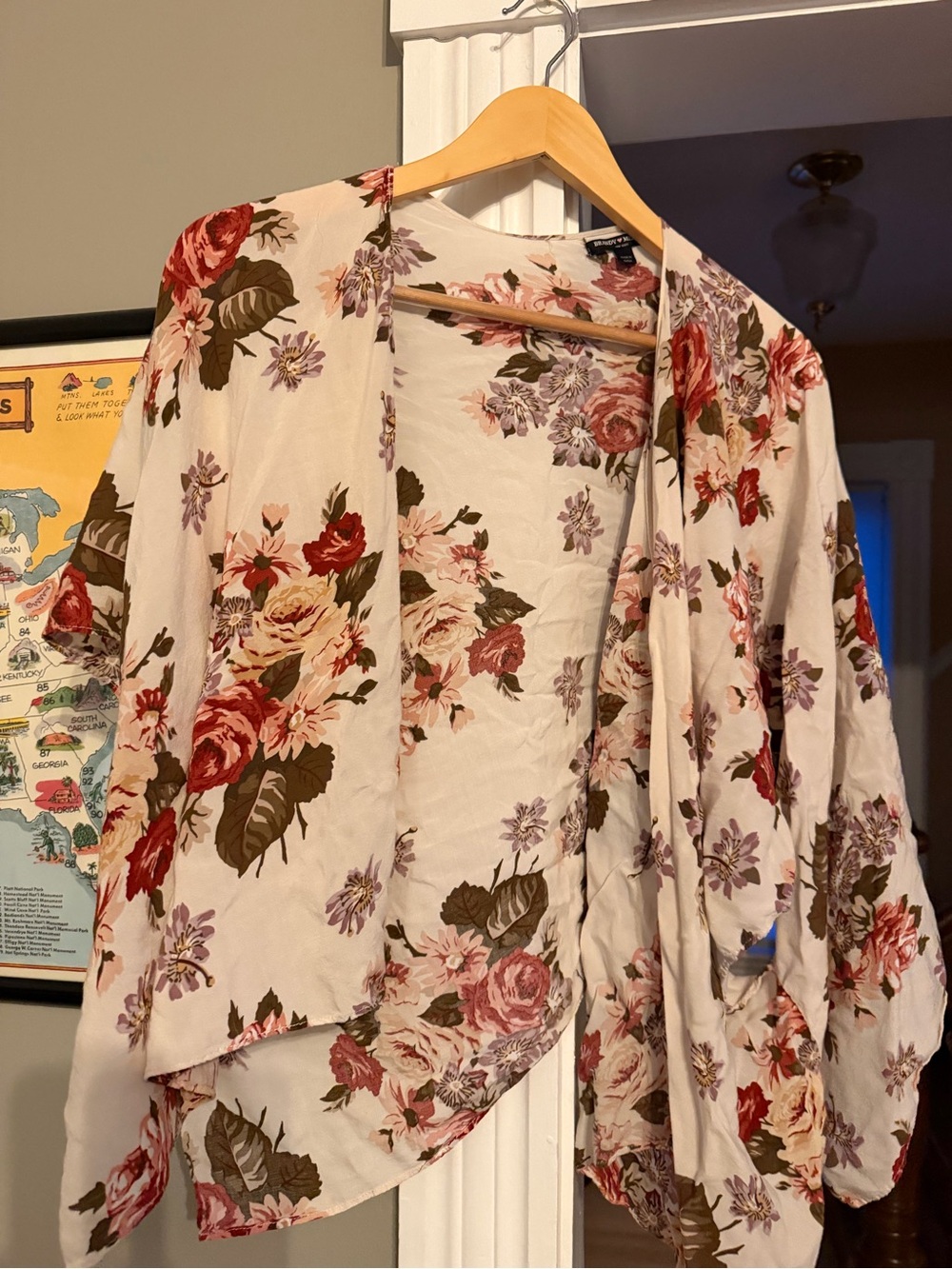 Brandy Melville Cream Floral Open-Front Top with Rose Print